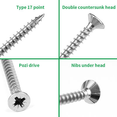 SUS316 Stainless Steel Type 17 Point Pozi Double Csk Head Chipboard Screws With 6 Nibs for Wood
